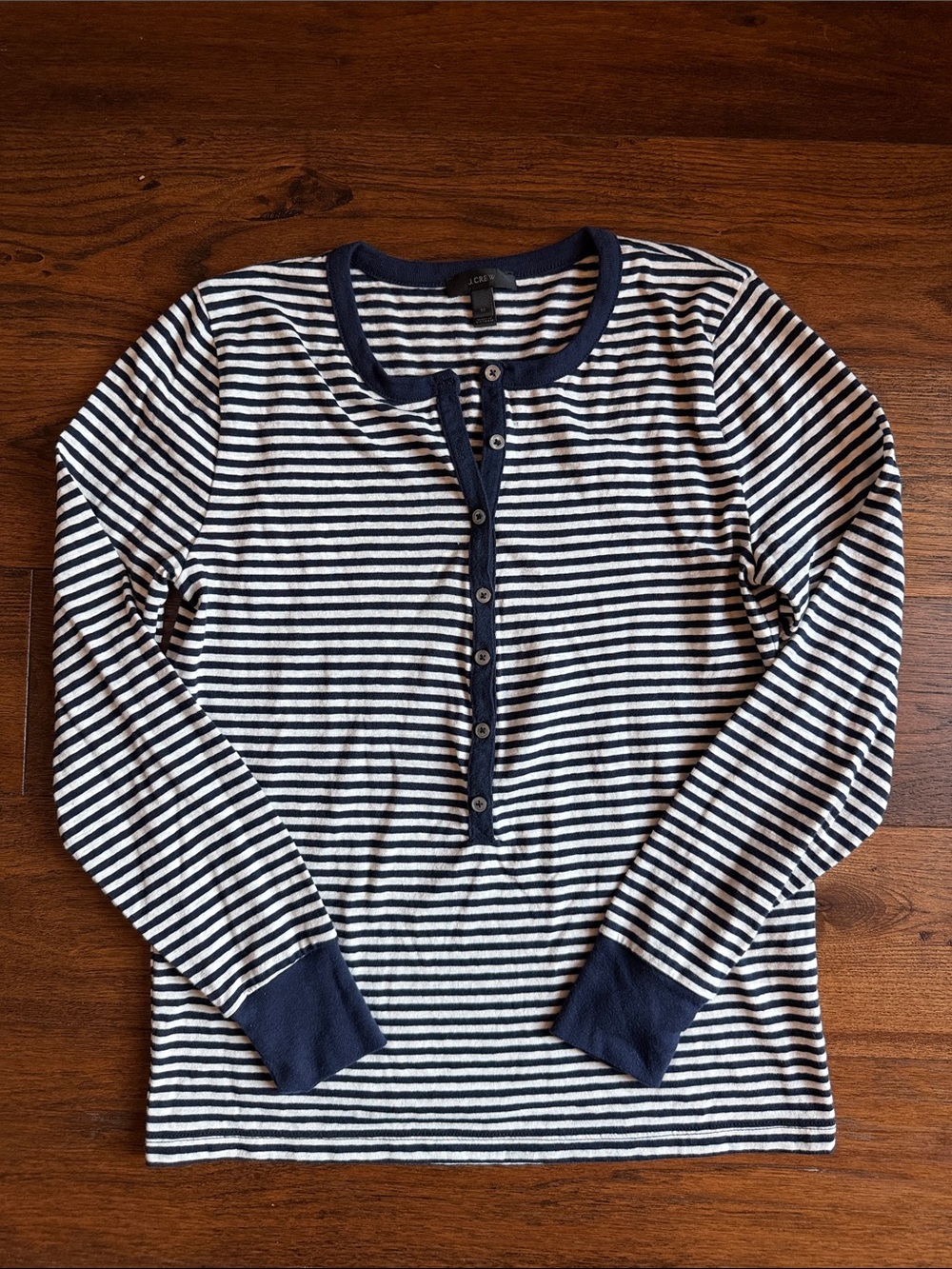 Women’s J. Crew Navy & White Striped Henley Long-Sleeve Tee Shirt